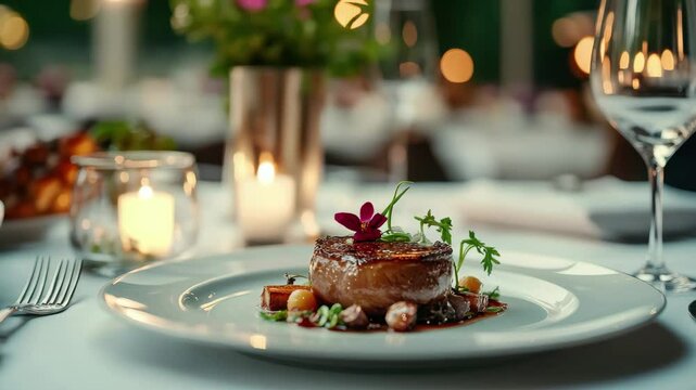 A gourmet dish with flower garnish on plate at elegant table setting with candles and wine glass a