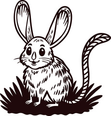 Obraz premium Hand drawn jerboa sitting on grass cute desert rodent with long ears and tail, black and white animal illustration