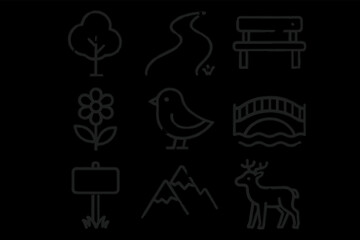 Set of minimalist nature icons: tree, path, bench, flower, bird, bridge, sign, mountains, deer
