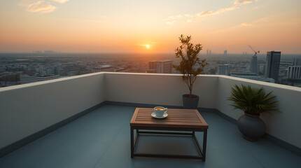 Fototapeta premium A scenic view of a coffee cup on a table on a rooftop patio at sunset