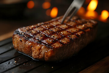 Grilled New York Strip Steak with Fork on Dark Wood Board and Bo