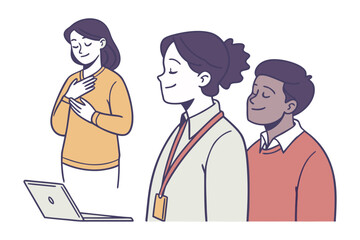 Diverse group of people with eyes closed in a moment of reflection or gratitude near a laptop