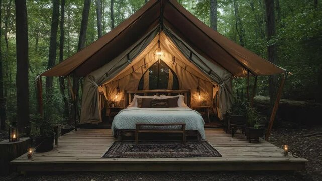 A glamping tent with bed and nightstands on wooden platform in a dense forest setting at dusk or dawn a
