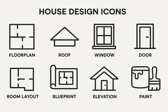 House design icons: floorplan, roof, window, door, room layout, blueprint, elevation, paint
