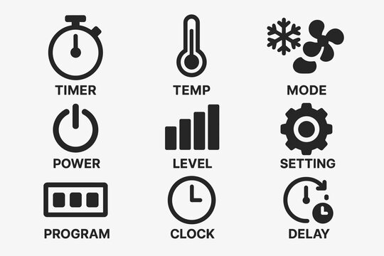 Air conditioner control icons: timer, temperature, mode, power, level, setting, program, clock, delay