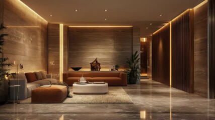 A interior of a luxurious living room with marble floors and ambient lighting and modern furniture a - Powered by Adobe
