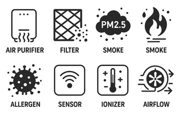 Air purifier system icons: filter, smoke, allergen, sensor, ionizer, airflow