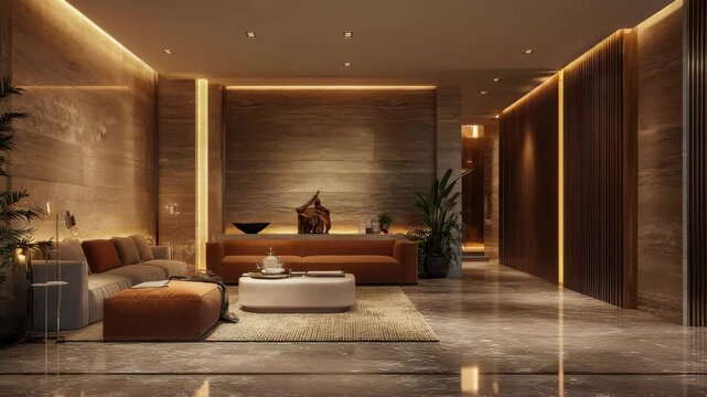 A interior of a luxurious living room with marble floors and ambient lighting and modern furniture a