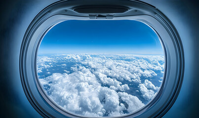 Aerial View Through Airplane Window, Clouds and Blue Sky Perspec