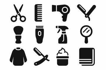 Obraz premium Barber tools icons: scissors, comb, hairdryer, razor set for grooming