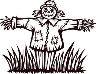 Fototapeta premium Hand drawn scarecrow with stitched face and patchwork clothing standing in grass, black and white illustration
