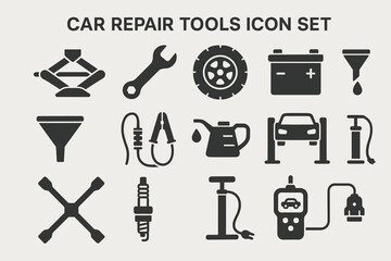 Car repair tools icon set featuring wrench, tire, battery, and more