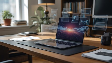 Modern Minimalist Office Workspace with Laptop and Futuristic Interface