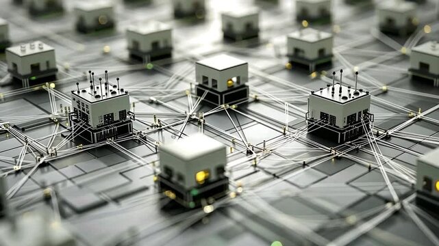 Network of interconnected small buildings on a surface
