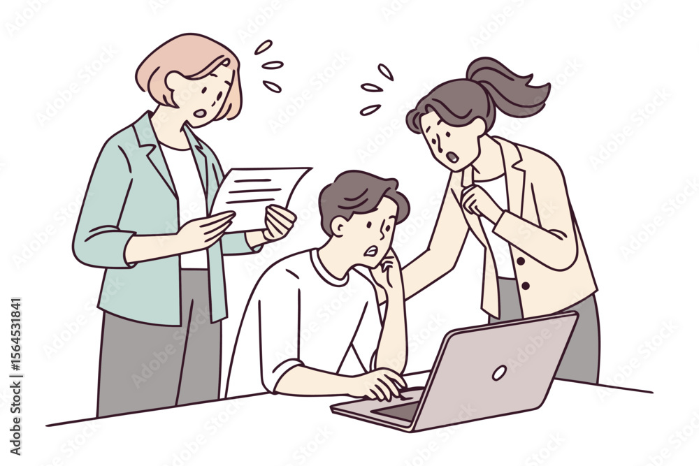 Poster team members express concern and confusion while reviewing a document and looking at a laptop screen