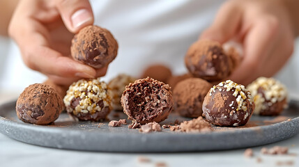 Hand Holding Chocolate Truffle, Showing Texture and Variety of D