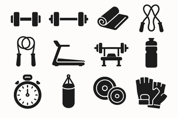 Fitness equipment icons: dumbbells, treadmill, jump rope, boxing bag, stopwatch