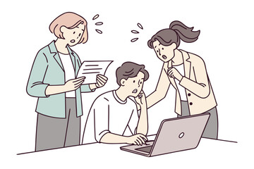 Team members express concern and confusion while reviewing a document and looking at a laptop screen together