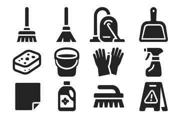 Cleaning tools icons set: broom, mop, sponge, bucket, gloves, spray bottle, brush, caution sign