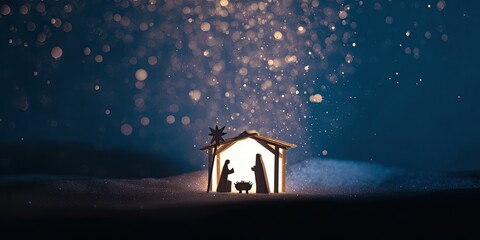 Holy family silhouettes in a nativity scene with glowing stable and sparkling bokeh background, for Christmas and religious celebration.
