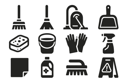 Cleaning tools icons set: broom, mop, sponge, bucket, gloves, spray bottle, brush, caution sign