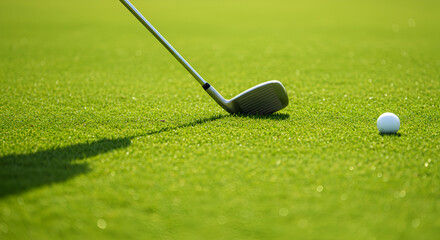 Golf club poised over ball on green