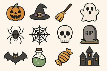 Obraz premium Halloween icon set featuring pumpkin, witch hat, ghost, and haunted house elements