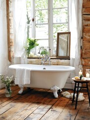 Rustic Farmhouse Bathroom Design with Clawfoot Tub and Wooden Floors