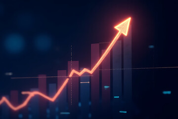 Bright orange arrow graph showing upward trend against a dark blue background with blurred digital data bars and light effects