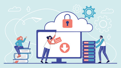Cloud computing and data connectivity &ndash; flat vector illustration of digital cloud network infrastructure