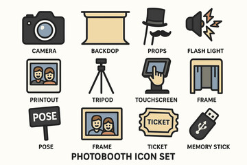 Photobooth icon set including camera, backdrop, props, flashlight, and accessories