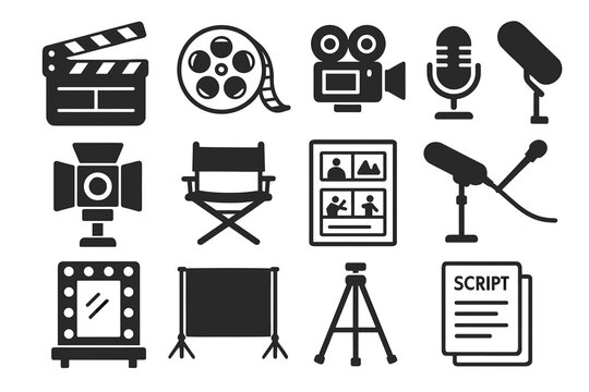 Film production icons: clapperboard, camera, microphone, director's chair, spotlight, script