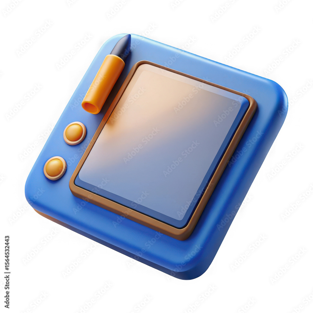 Fototapete stylized 3d illustration of a blue digital drawing tablet with an orange stylus and two yellow butto