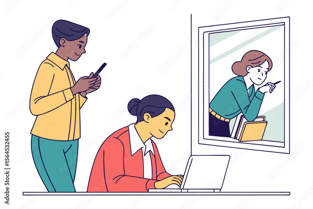 Poster diverse colleagues collaborate in an office setting with one person using a laptop and another on th