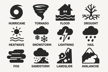 Weather icons: hurricane, tornado, flood, drought, heatwave, snowstorm, lightning, hail, fog, sandstorm, landslide, avalanche