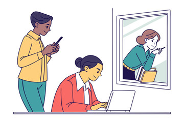 Diverse colleagues collaborate in an office setting with one person using a laptop and another on their phone while a third observes from a window