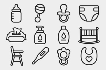 Baby essentials icons: bottles, toys, diapers, and furniture in simple line art