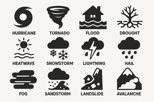 Weather icons: hurricane, tornado, flood, drought, heatwave, snowstorm, lightning, hail, fog, sandstorm, landslide, avalanche