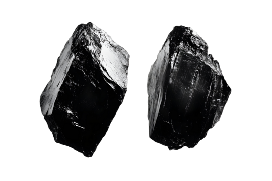 Striking studio shot showcasing two glistening pieces of raw bituminous coal
