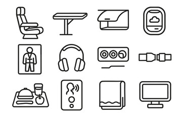 Airplane travel icons set featuring seat, tray table, in-flight entertainment, and more