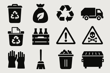 Recycling and waste management icons: bin, truck, hazard signs, gloves, broom, dumpster