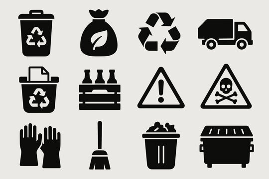 Recycling and waste management icons: bin, truck, hazard signs, gloves, broom, dumpster