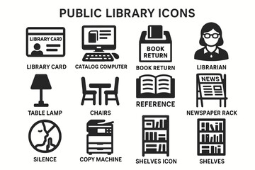 Public library icons: library card, computer, book return, librarian, reference, silence