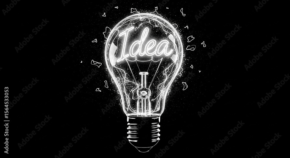 Poster illuminated lightbulb with the word idea inside on a black background with glowing particles