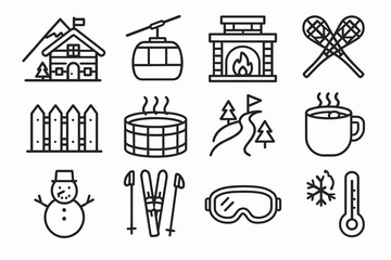 Fototapeta premium Winter resort icons: cabin, gondola, fireplace, snowshoes, hot tub, skiing, coffee, snowman, goggles