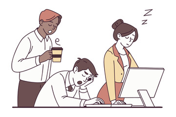 Tired office workers struggling to stay awake at their desks one holding a coffee cup while others nap