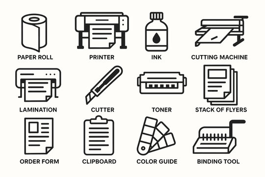 Printing equipment icons: printer, ink, paper roll, cutting machine, toner