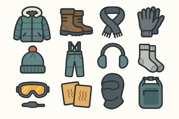 Winter clothing essentials illustration with jacket, boots, scarf, gloves, hat, pants, socks