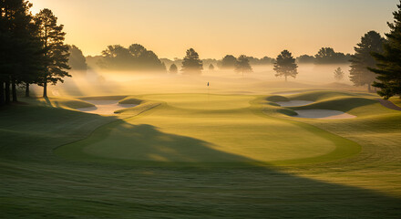 Misty golf course at sunrise (1)