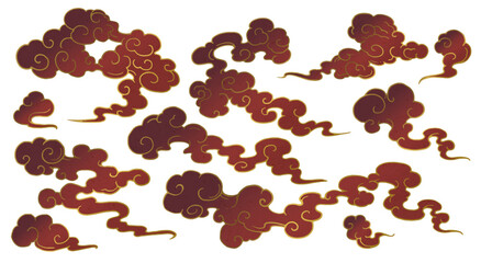 もくもく和風雲イラスト濃赤